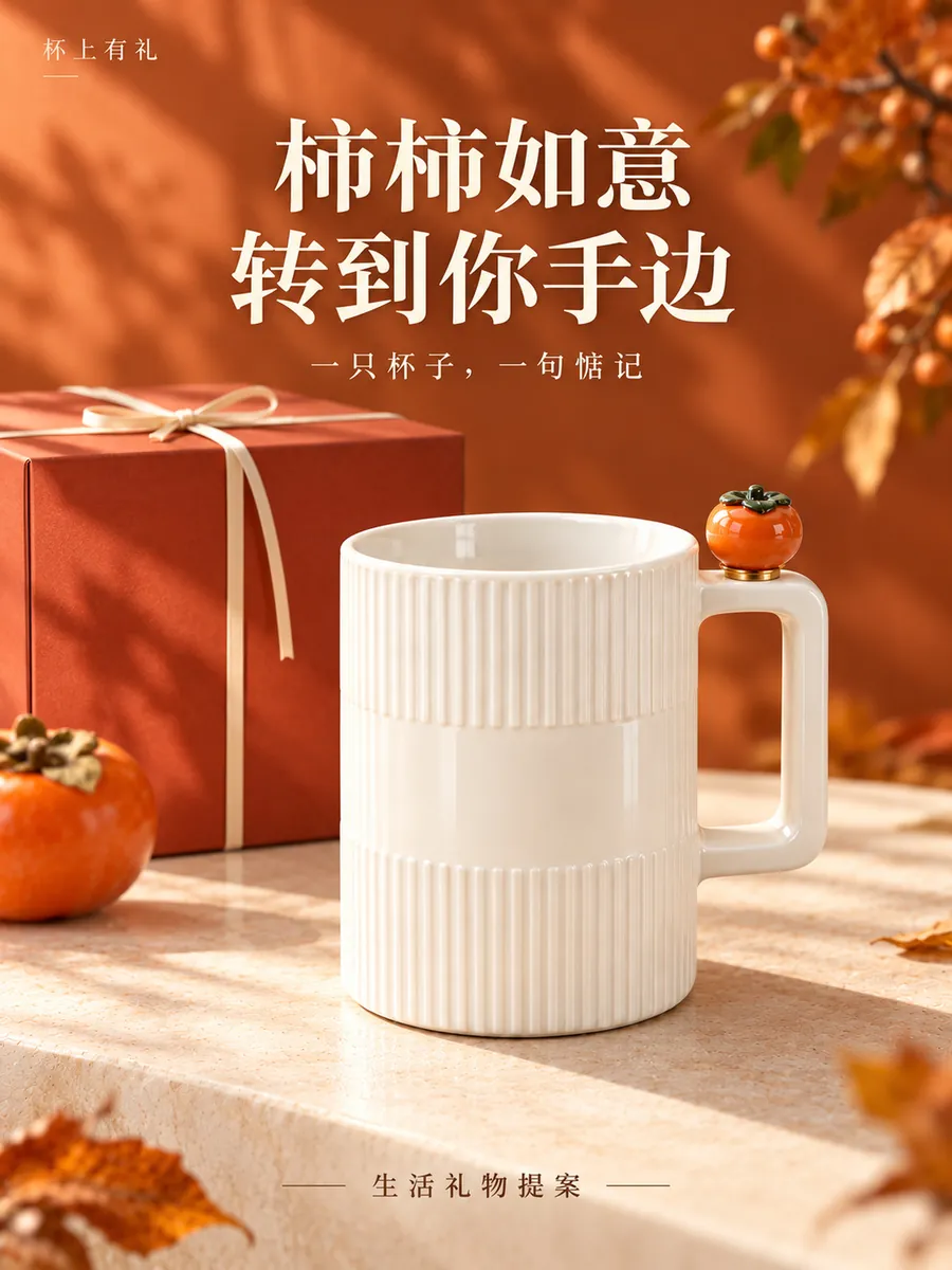 柿柿如意主题陶瓷杯设计效果图