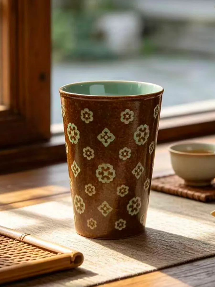复古棕可乐杯｜宝相花