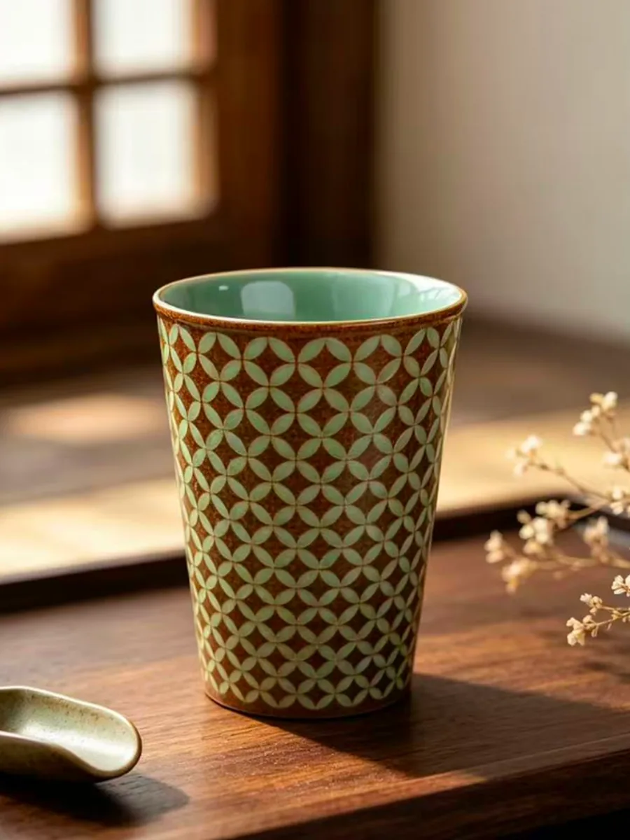 复古棕可乐杯｜锦钱纹