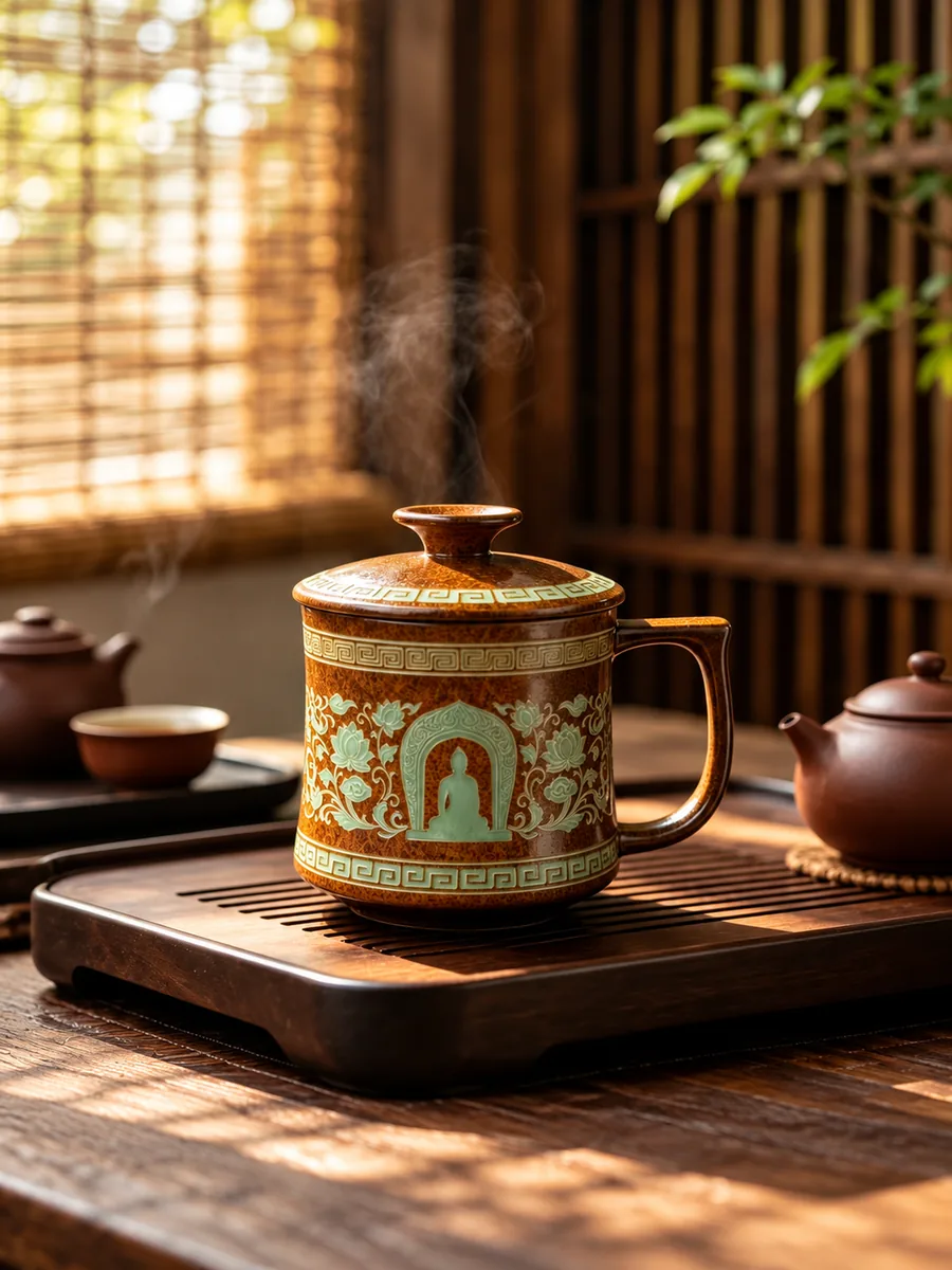 复古棕如意杯｜敦煌佛龛纹