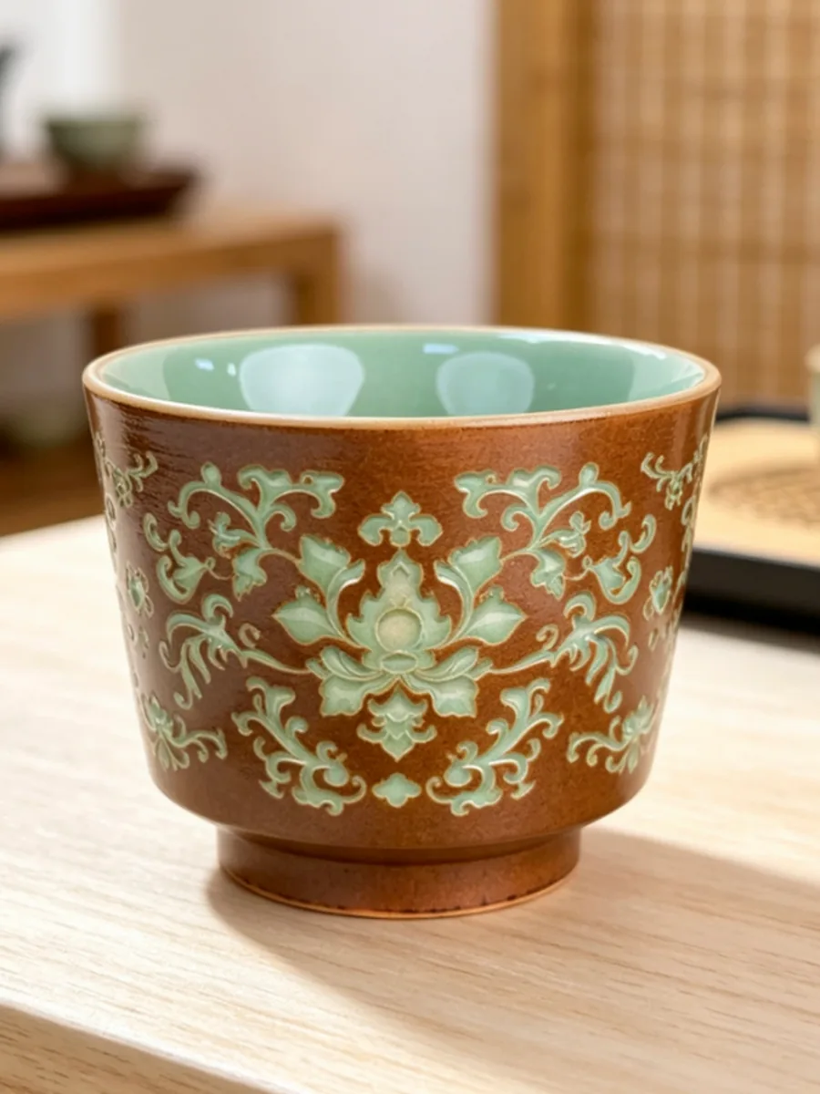 复古棕直口杯｜缠枝莲