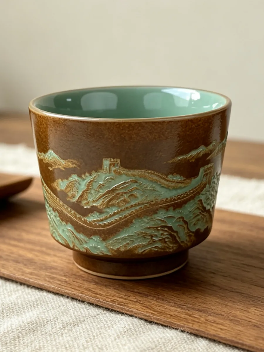 复古棕直口杯｜长城纹