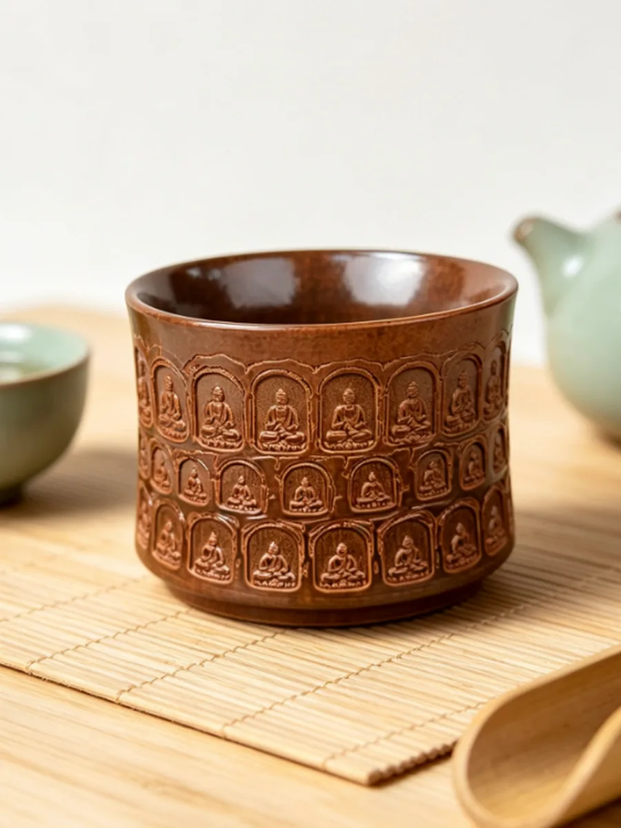 复古棕竹节杯｜千佛纹