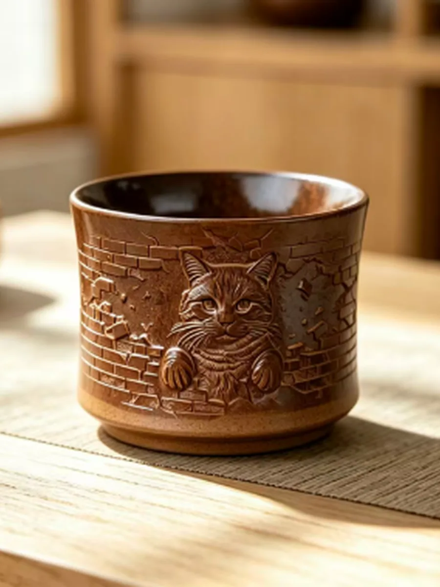 复古棕竹节杯｜单色釉小猫