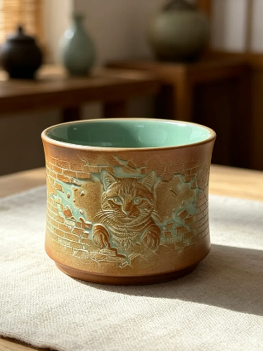 复古棕竹节杯｜捣蛋小猫