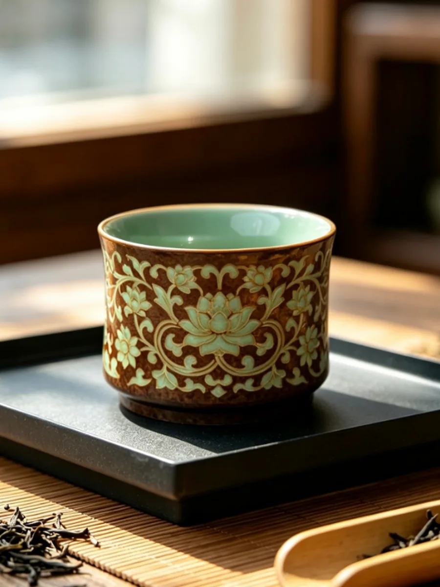 复古棕竹节杯｜缠枝莲花
