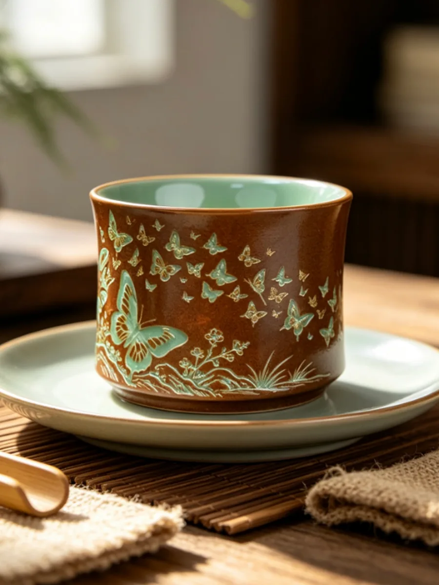复古棕竹节杯｜蝴蝶